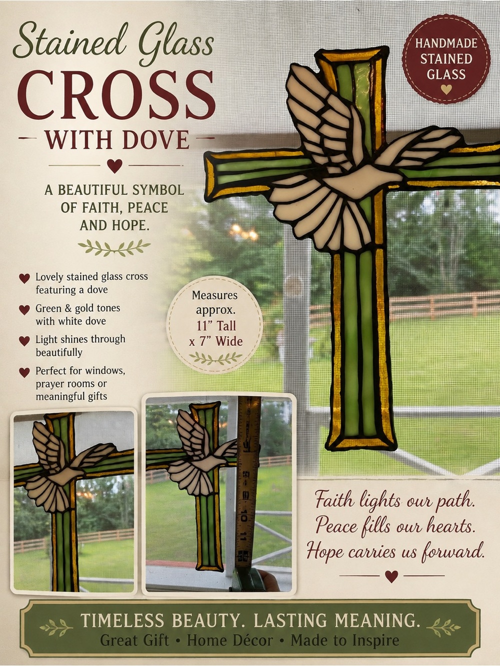 Unique Vintage Green & Gold Stained Glass Cross with Dove